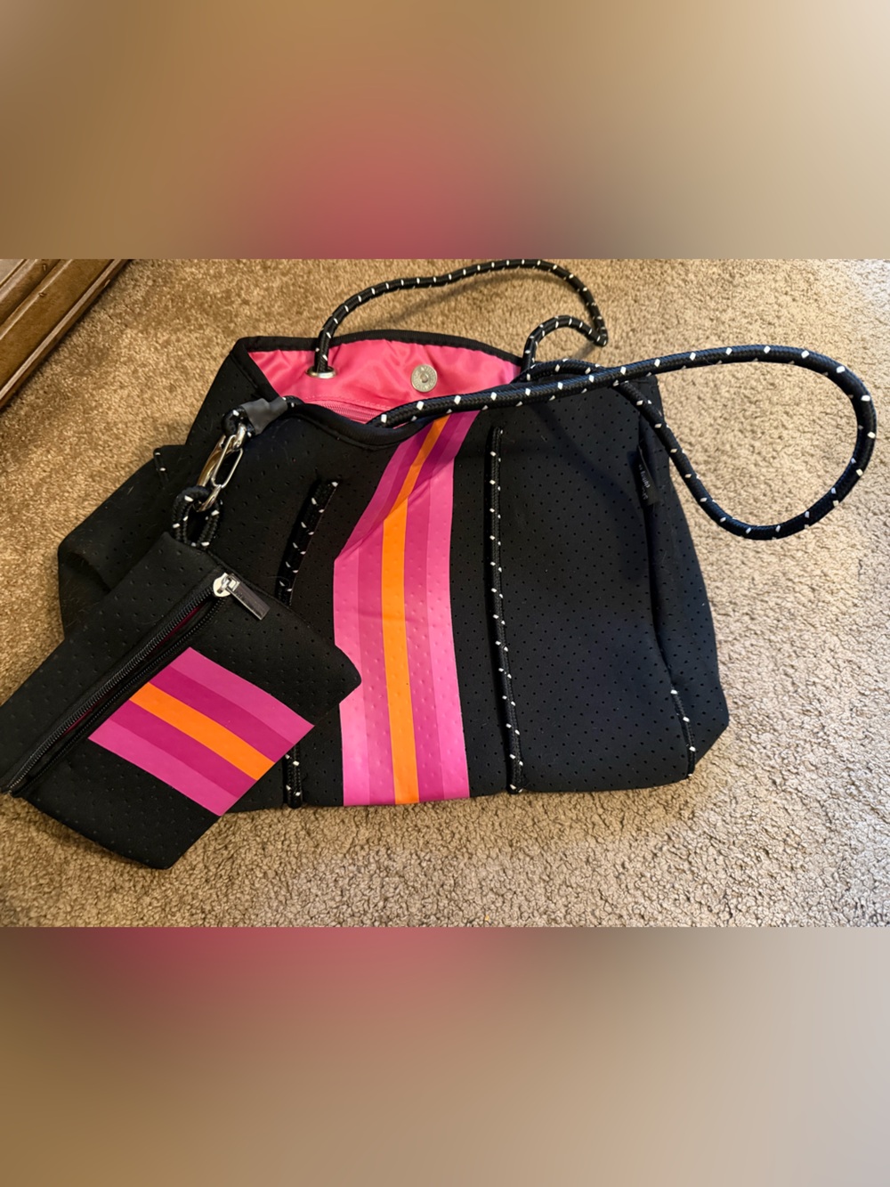 Black Neoprene Tote with Pink and Orange Stripe Accent